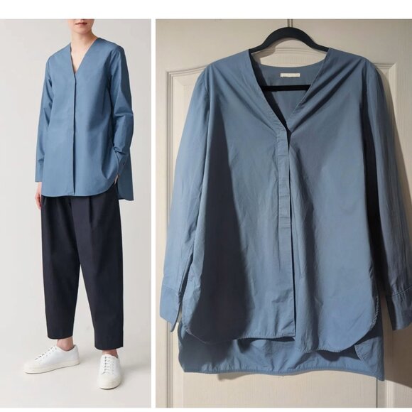 COS | Long Rounded Hem Blouse In Blue - Picture 1 of 12